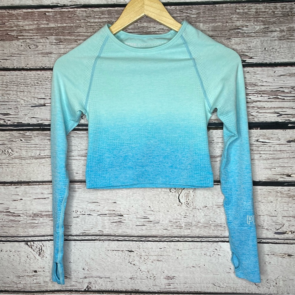 Victoria’s Secret PINK Seamless Cropped Workout Top Small Blue Ombré Long Sleeve